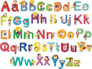 Alphabet Chart. Illustrated English alphabet set with cute cartoon children playing on colorful uppercase and lowercase letters. EPS Editable