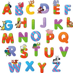 Alphabet Chart. Playful and colorful cartoon alphabet with cute animals featuring patterned and solid letters for educational purposes. EPS Editable