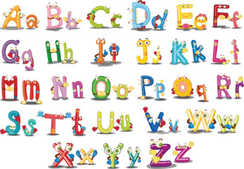 Alphabet Chart. Playful anthropomorphic alphabet characters a complete set of colorful glossy letters with expressive eyes and hands. EPS Editable