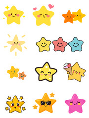 Vector set of A colorful collection of cute kawaii star characters showing various emotions and expressions including winking smiling and kissing. EPS Editable