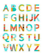 Alphabet Chart. Vibrant and playful monster alphabet with colorful geometric patterns googly eyes and sharp teeth. EPS Editable