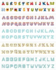 Alphabet Chart. A diverse collection of five complete stylized alphabets including monster fingerprint neon diamond and retro fonts. EPS Editable