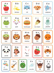 Alphabet Chart. A complete set of colorful English alphabet flashcards from A to Z with cute kawaiistyle cartoon illustrations for childrens learning. EPS Editable
