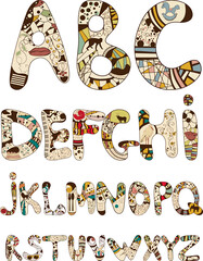 Alphabet Chart. Artistic illustrated alphabet with whimsical patterns and colorful decorative elements Handdrawn style font with abstract and figurative designs. EPS Editable