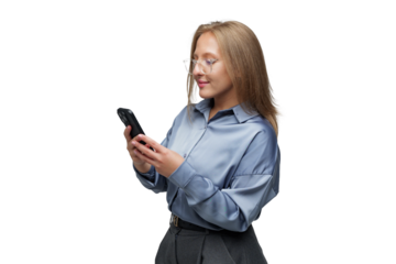 Woman with glasses engaging with smartphone