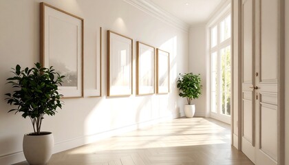 Bright sunlit hallway with framed art and plants