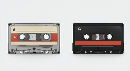 Obraz premium Two vintage audio cassette tapes with red labels side by side on a white background, showing retro analog music media.