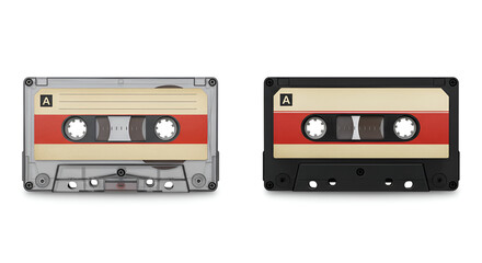 Naklejka premium Two vintage audio cassette tapes with red labels side by side on a white background, showing retro analog music media.