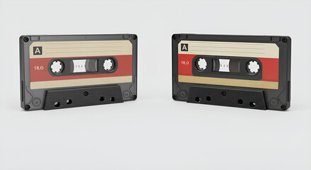 Obraz premium Two vintage audio cassette tapes with red labels side by side on a white background, showing retro analog music media.