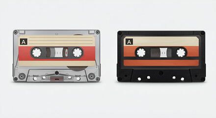 Obraz premium Two vintage audio cassette tapes with red labels side by side on a white background, showing retro analog music media.