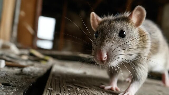 Curious rat in a dusty attic with closeup portrait, and rodent pest control concept.
