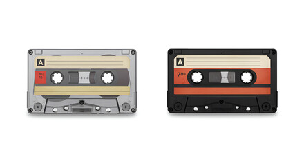 Obraz premium Two vintage audio cassette tapes with red labels side by side on a white background, showing retro analog music media.