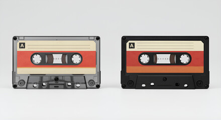 Obraz premium Two vintage audio cassette tapes with red labels side by side on a white background, showing retro analog music media.