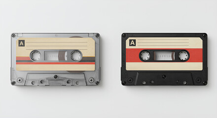 Fototapeta premium Two vintage audio cassette tapes with red labels side by side on a white background, showing retro analog music media.