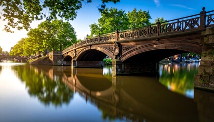 Canal bridge at sunset, reflection