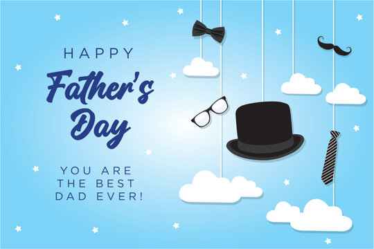 Vector illustration of Father's day greeting card design. Happy father's day text with hat, sunglasses, bow tie, tie and mustache in blue background. 