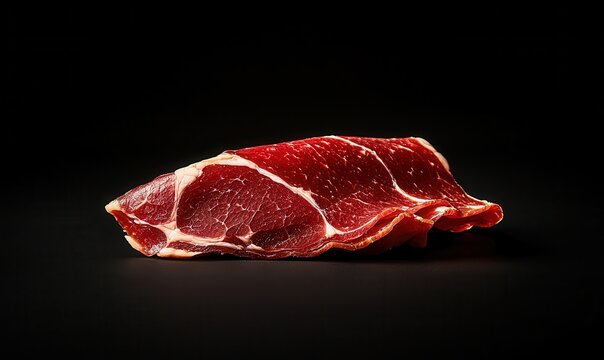 Exquisite slice of jamon iberico de bellota against black background