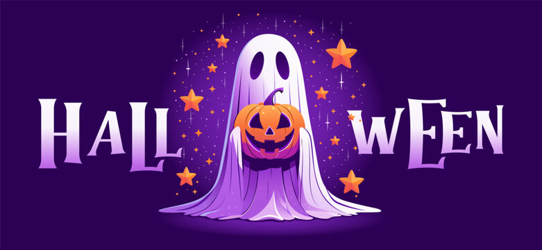 Halloween Promotion Poster. Happy Halloween party greeting card with cute ghost. Spooky banner template. Halloween night Invitation. Halloween poster. Halloween background design illustration. Vector - Powered by Adobe