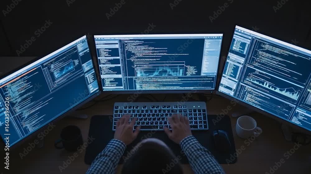 Poster programmer working late night on multiple screens