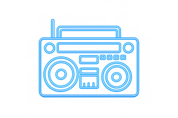 Luminous blue neon boombox silhouette glowing against transparent backdrop, highlighting retro audio design elements
