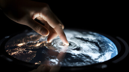 A hand presses a button on a touchscreen, which looks like a globe against a black background.