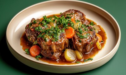 Osso buco, braised veal shanks, with gremolata and sliced vegetables served on a plate