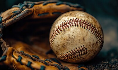 Close up of a worn baseball nestled in an old leather catcher's mitt in a Vintage Still Life