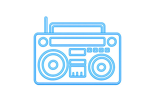 Luminous blue neon boombox silhouette glowing against transparent backdrop, highlighting retro audio design elements