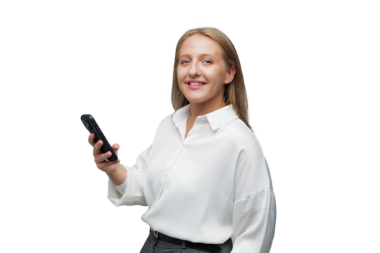 Confident woman interacting with smartphone, transparent background.