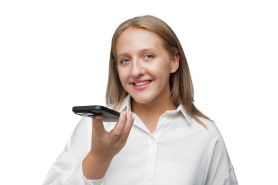 Smiling woman engaged in voice activation technology conversation, transparent background.