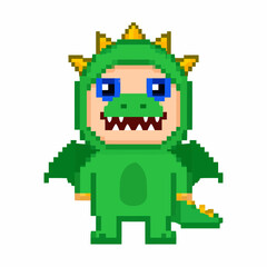 Adorable Pixel Art Baby Dragon Costume Cute Green Dragon Outfit Illustration for Children's Designs, Prints, and Digital Projects. Perfect for adding a whimsical touch to your creative endeavors.
