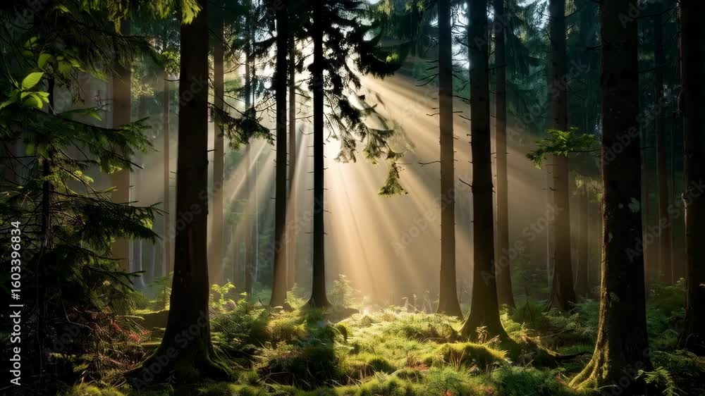 Poster sunlight shining through tall trees in a serene forest creating mystical light rays and a peaceful a