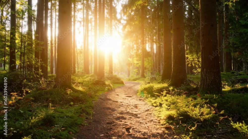 Poster sunlight shines through tall pine trees along a dirt path in a lush forest setting, creating light a