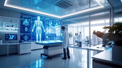 A doctor in a hospital room with a hologram of a human body. 4k video - Powered by Adobe