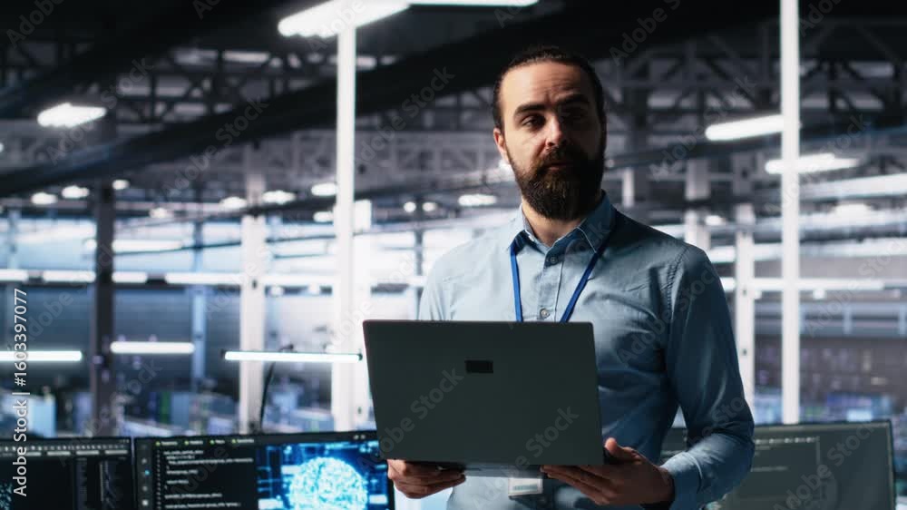 Poster data center manager showcasing ai technology, filming presentation video for audiences. server farm 