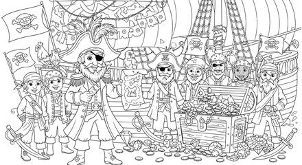 Drawing to paint pirate ship coloring page for kids and adults with treasure map and pirates coloring book activity page vector