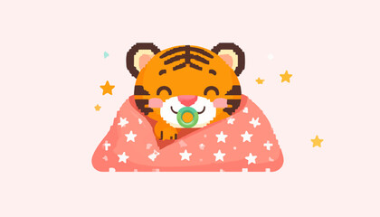 Adorable baby tiger snuggled in a star-patterned blanket, peacefully sleeping with a pacifier.