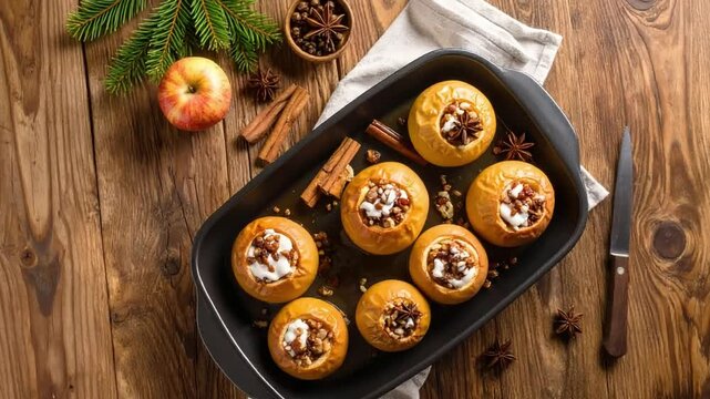 Deliciously Baked Apples with Cinnamon and Nut Toppings on a Rustic Wooden Table