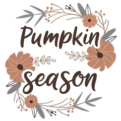 Autumnal Floral Wreath with Pumpkin Season Text.