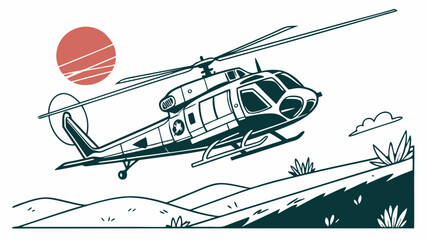 Helicopter Flying Over Rolling Hills at Sunset.