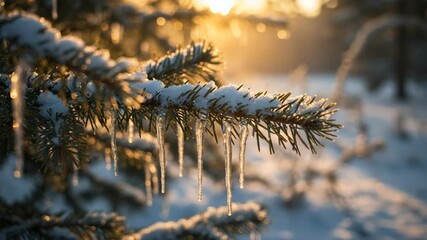 Close Up of Icicles on Snow Covered Pine Branch at Sunset - Powered by Adobe