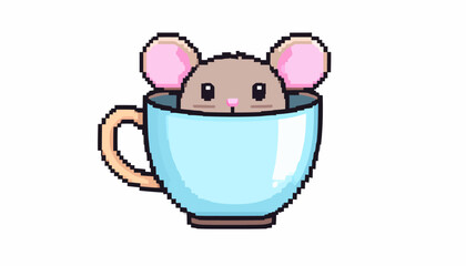 Fototapeta premium A cute brown pixel art mouse with large pink ears peeking out of a blue teacup.