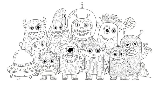 Drawing to paint monster coloring page for kids and adults cute cartoon monsters alien spaceship funny monster coloring activity vector