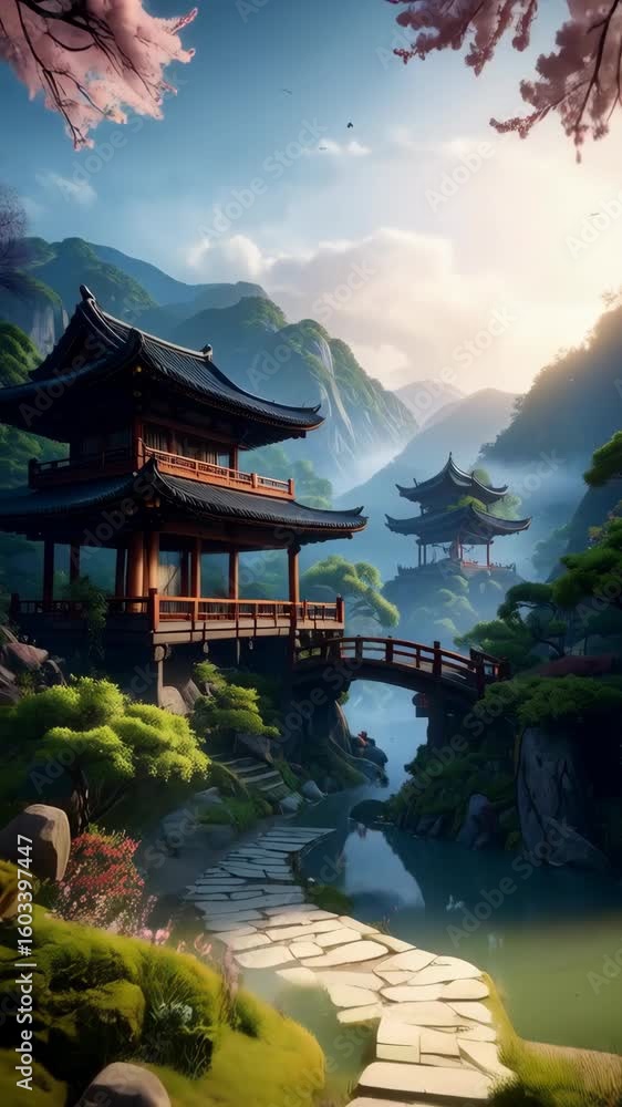 Aufkleber japanese pagoda architecture surrounded by flowering trees and mountains with a stone pathway and st
