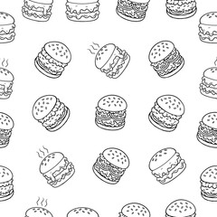 doodle burger pattern background. doodle fast food burger seamless pattern background. seamless pattern of hamburger in doodle style. Seamless Pattern of a Cheese Burger or Hamburger