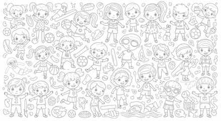 Drawing to paint kids sports coloring page with children playing soccer basketball swimming and other activities for creative fun vector