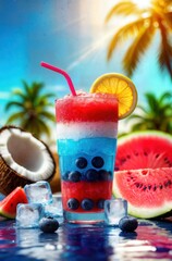 Refreshing Summer Cocktail with Berry Layers and Tropical Fruits Under the Sunshine, Holiday Theme