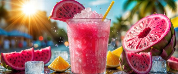 Iced Pink Dragon Fruit Refreshment on a Sunny Tropical Vacation Adventure Getaway