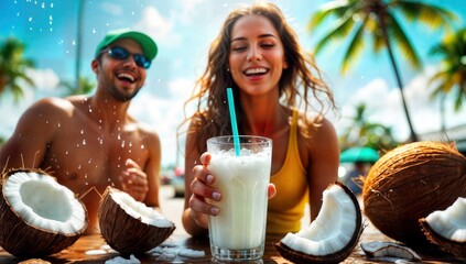 Beach Bliss Couple Enjoying Refreshing Coconut Drinks on a Tropical Vacation Paradise.