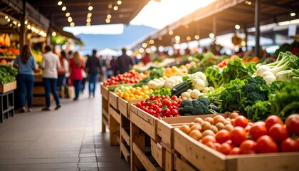 Busy farmers market scene with fresh produce